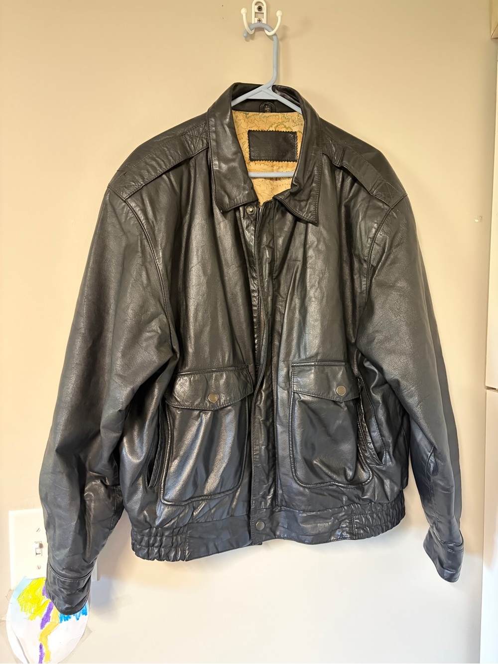 Vtg 80s Steer Brand Leather Bomber Jacket Map Lining A-2 Flight Coat Black Large
